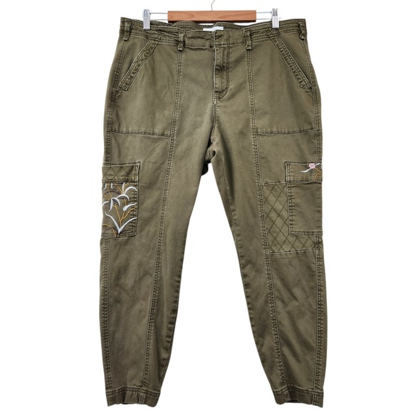 By Anthropologie Size 16W Olive Green Austin Utility Embroidered Pants Granola - Picture 2 of 13